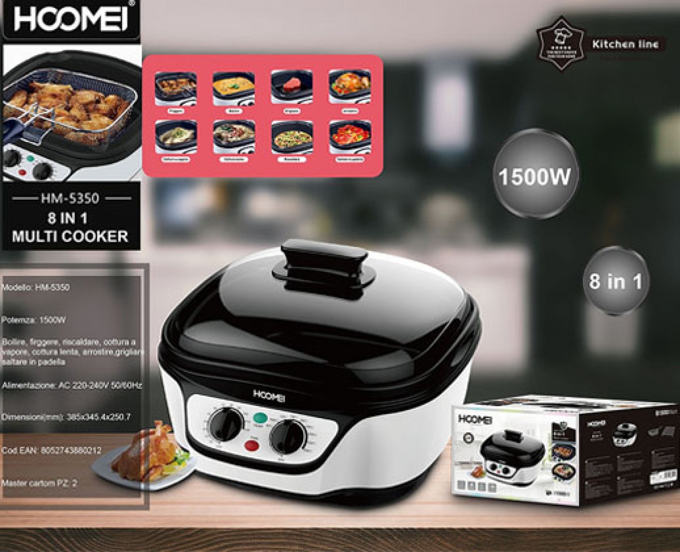 Hoomei® Πολυμάγειρας 1500W με Χωρητικότητα 5lt και με 8 Λειτουργίες Μαγειρέματος 8 σε 1 HM-5350